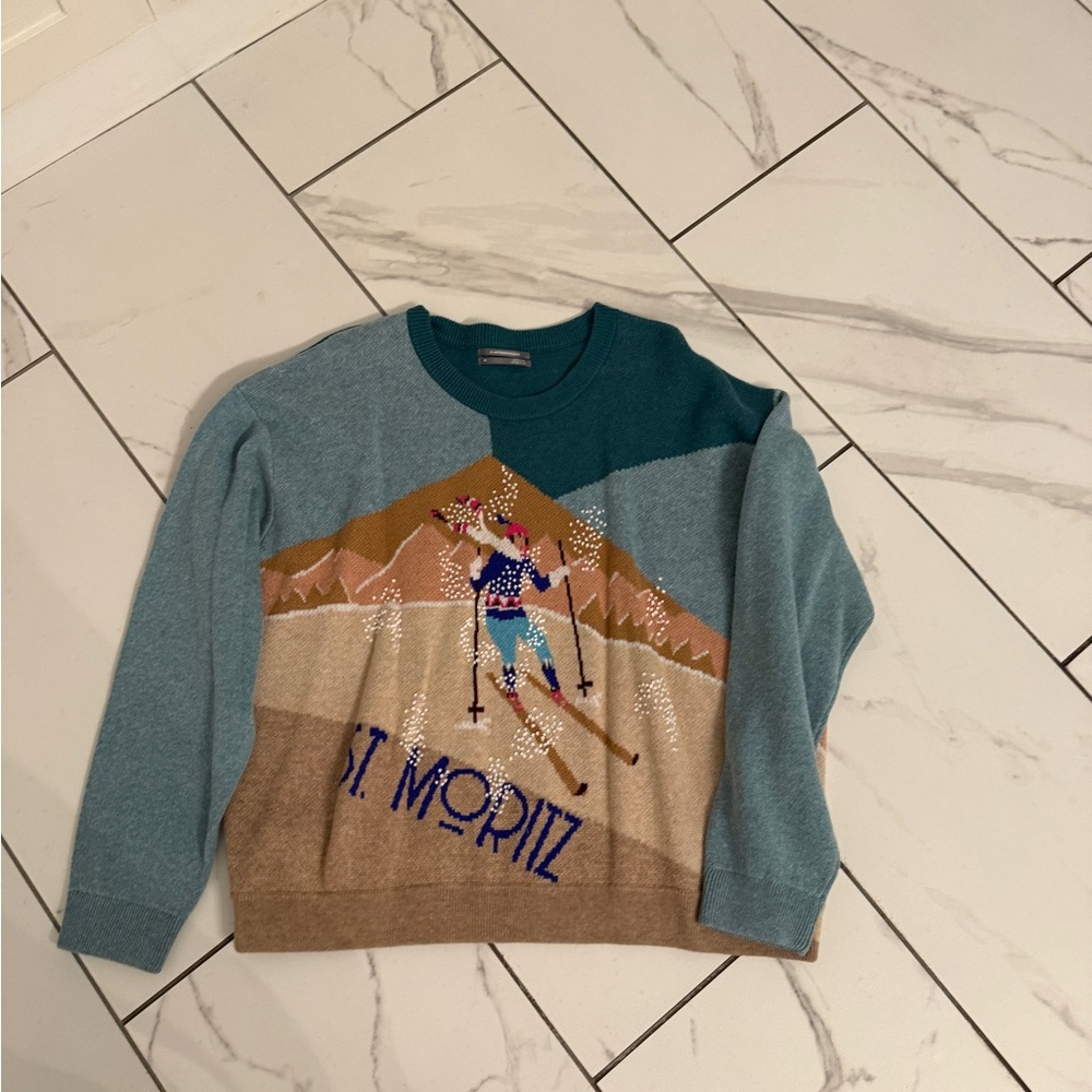 Anthropologie Multicolor Ski Graphic Crewneck Sweater